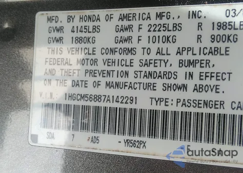 2007 Honda Accord 2.4 Ex z USA, uszkodzony, nr VIN 1HGCM56887A142291